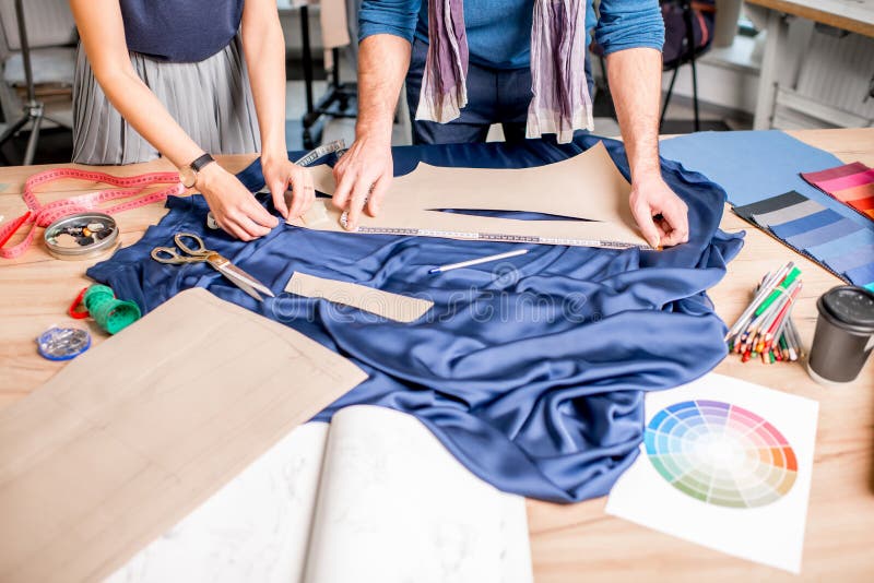 Tailors Cutting Blue Fabric on the Table Stock Image - Image of textile ...