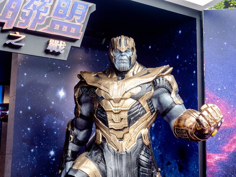 Taipei, Taiwan - May 16, 2019: Thanos full armor suit action figure show for promote Avengers endgame movie at street shot of