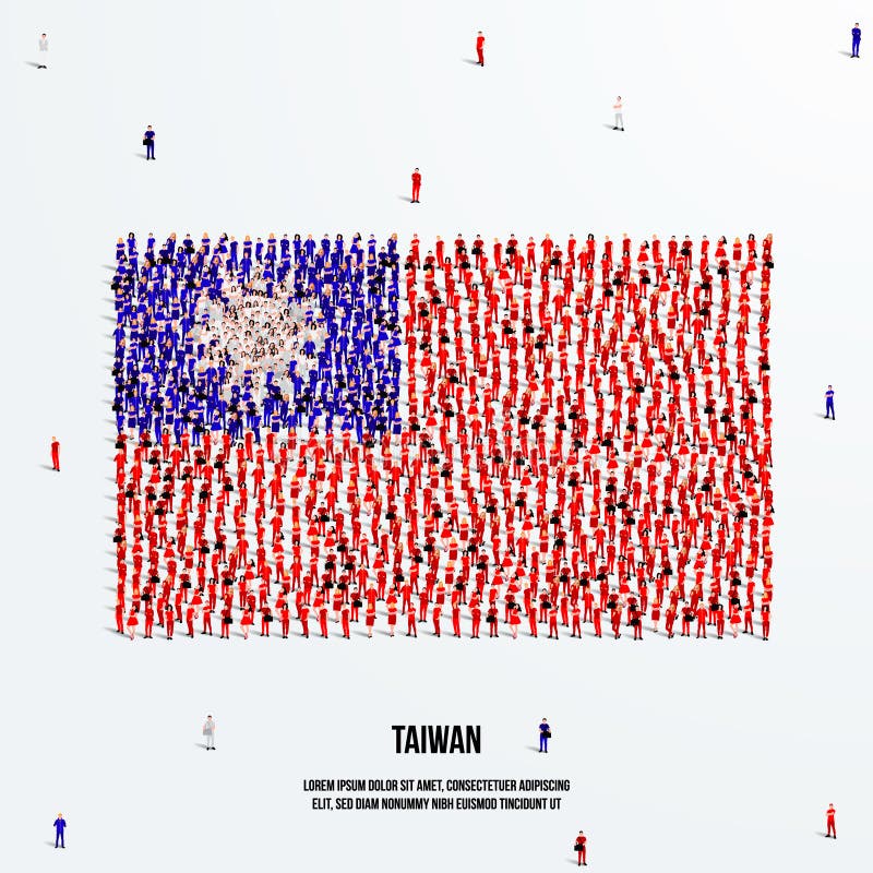 Taiwan-flagga. en stor grupp personer formar sig för att skapa formen på den taiwanesiska flaggan. stock illustrationer