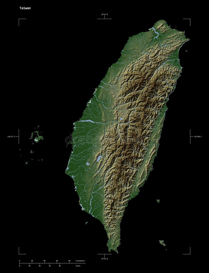 Taiwan-form på svart. blek. Form av en blekfärgad höjdkarta med sjöar och floder av taiwan med avståndsskala och kartgränskoordinater isolerade på svart