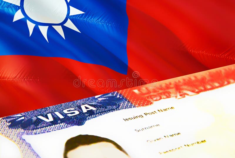 Taiwan immigration document close up. Passport visa on Taiwan flag. Taiwan visitor visa in passport,3D rendering. Taiwan multi stock illustration