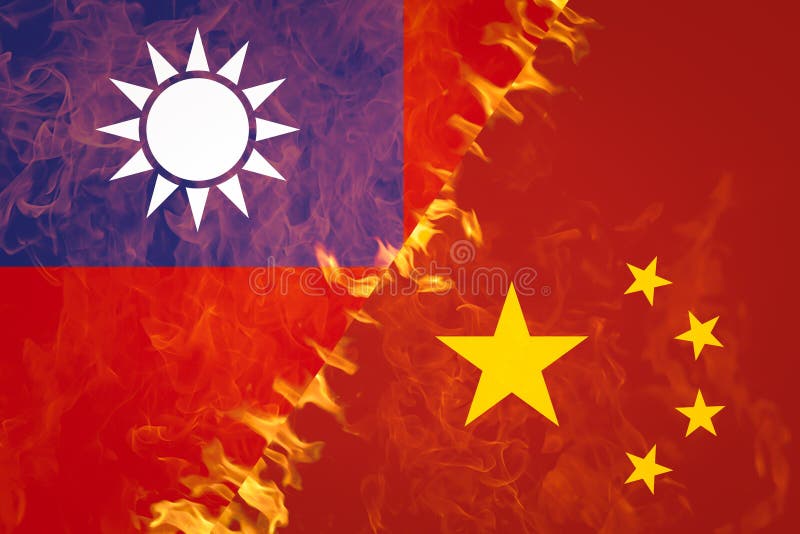 Taiwan- und Porzellanflaggen im Feuer. Kriegskonfliktkonzept