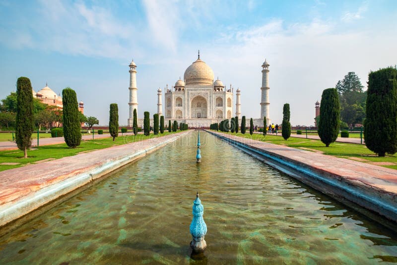 Taj Mahal Front View Reflected On The Reflection Pool Stock Photo