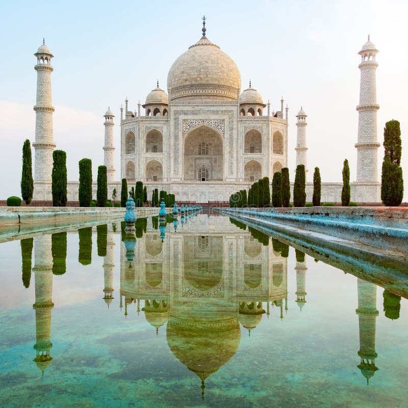 Taj Mahal Front View Reflected On The Reflection Pool Stock Photo