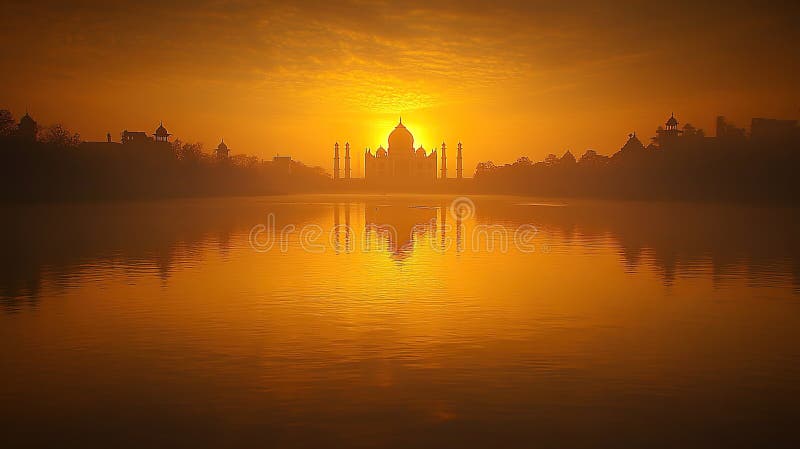 Taj Mahal sunrise reflecție misty river India vector illustration