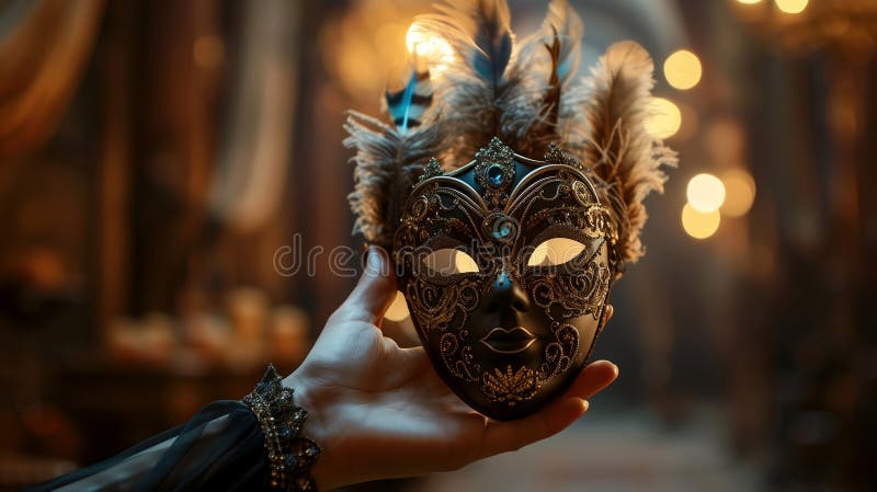Tajemnicza maska Halloween. Zamknięty obraz dłoni trzymającej tajemniczą i intrygująco zaprojektowaną maskę Halloween royalty ilustracja