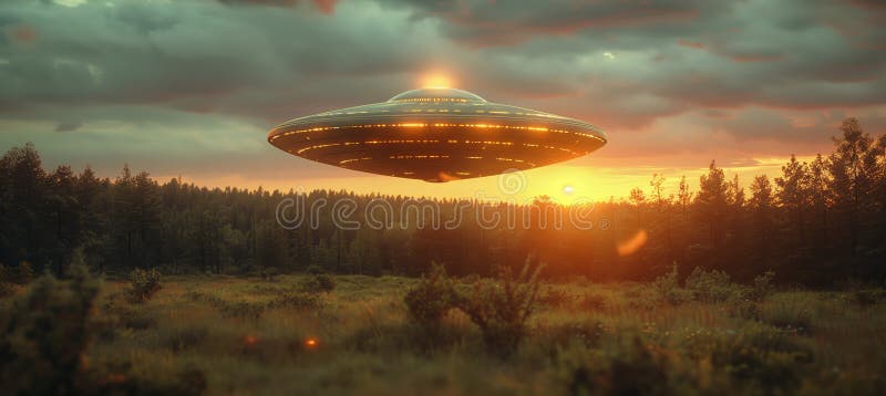 Tajemniczy latający saucer wiszący nad lasem o zachodzie słońca zdjęcia royalty free