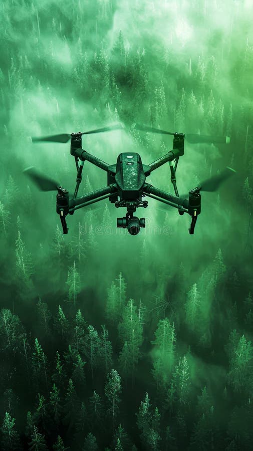 Tajemniczy zielony dron leśny obserwuje wysoko zaawansowany technologicznie czworokop latający nad lasami moody royalty ilustracja