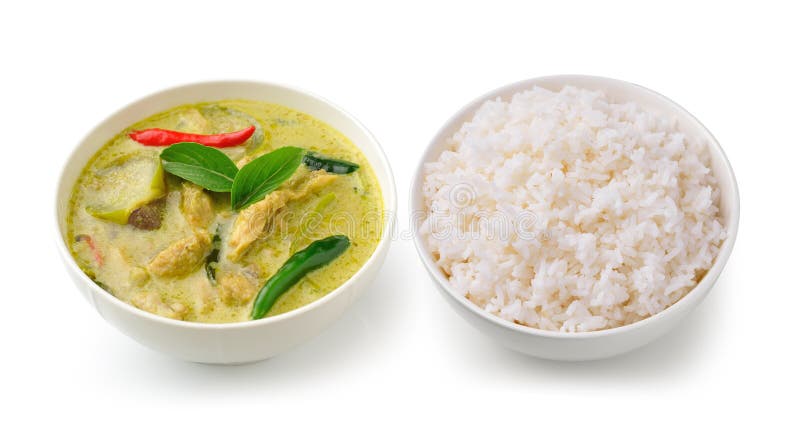 Tajlandzki karmowy kurczak zieleni curry w białych ryż i pucharze