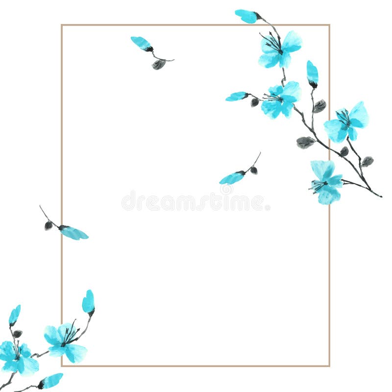 Tak van de waterverf de tot bloei komende lente met turkooise bloemen in een beige kader op een witte achtergrond Om gelijkaardig royalty-vrije illustratie Tak van de waterverf de tot bloei komende lente met turkooise bloemen in een beige kader op een witte achtergrond Om gelijkaardig royalty-vrije illustratie
