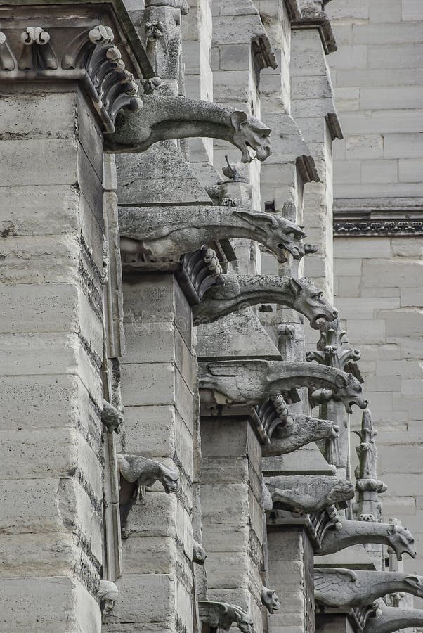 Takdiagram av läskiga vattenkastare på den huvudsakliga fasaden av den Notre Dame de Paris domkyrkan i Paris, Frankrike, closeup, arkivbild Takdiagram av läskiga vattenkastare på den huvudsakliga fasaden av den Notre Dame de Paris domkyrkan i Paris, Frankrike, closeup, arkivbild