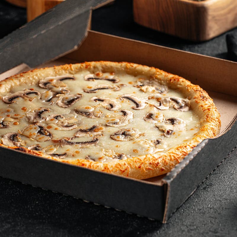 Take Away Backed Mushroom Pizza with Cheese Stock Image Image of packed, cooked 273680869