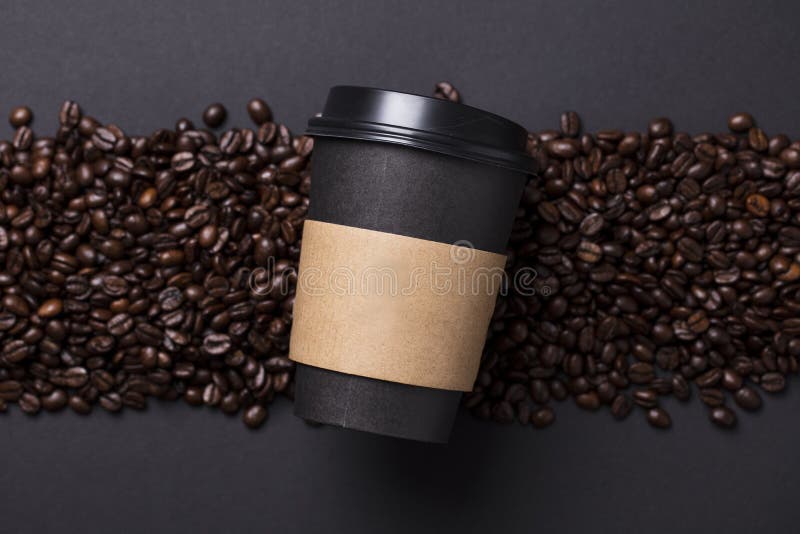Take Away Black Coffee Cup with Roasted Coffee Beans Stock Photo