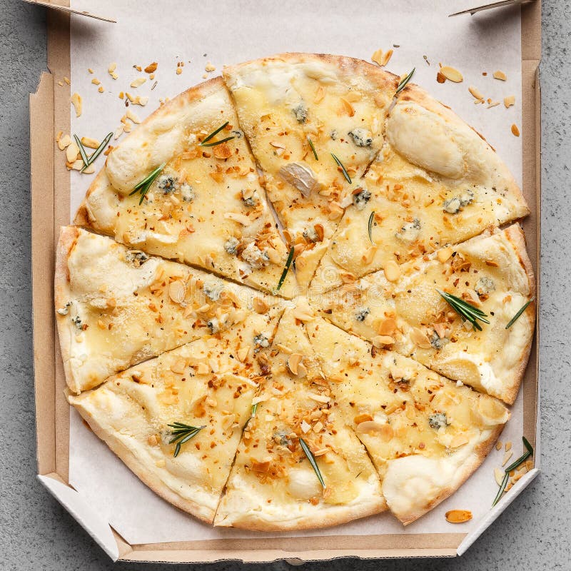 Take Away Cheese Pizza in Delivery Box, Closeup Stock Photo Image of ingredients, cheesy