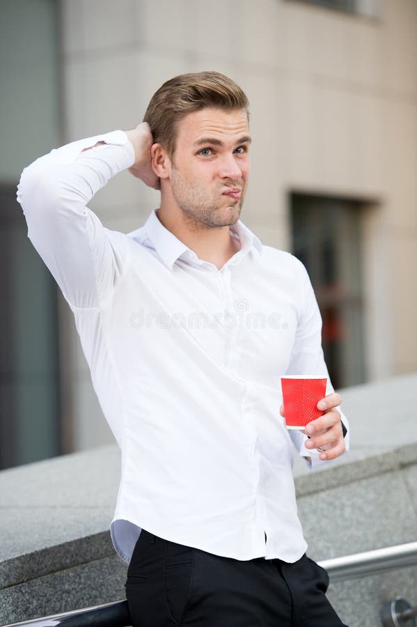 Take break if have doubts. Man thoughtful face drinking coffee outdoor. Steps to deal with self doubt and trust your stock photo