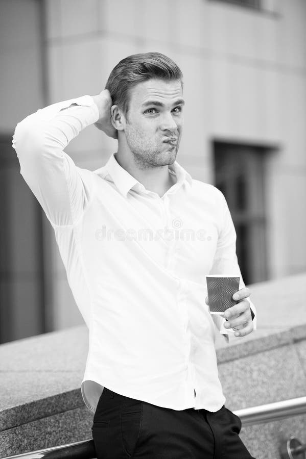 Take break if have doubts. Man thoughtful face drinking coffee outdoor. Steps to deal with self doubt and trust your stock photography
