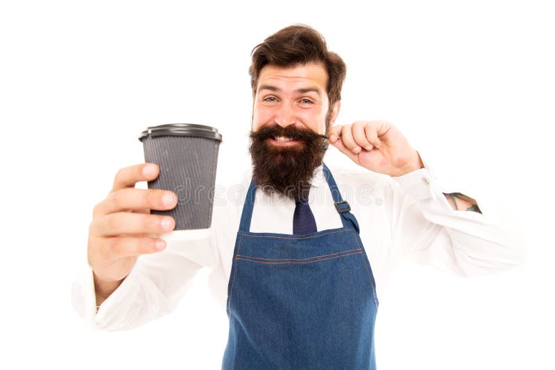 Take cup of fresh coffee to go. Bearded man hold paper coffee cup. Mature barista in apron isolated on white. Robusta royalty free stock photos Take cup of fresh coffee to go. Bearded man hold paper coffee cup. Mature barista in apron isolated on white. Robusta royalty free stock photos