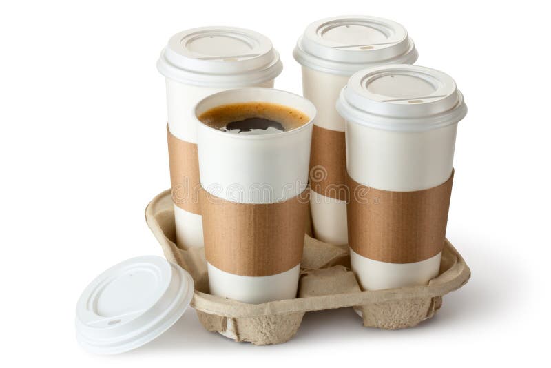 Take-out Kaffee vier in der Halterung. Ein Cup ist geöffnet. lizenzfreie stockfotos