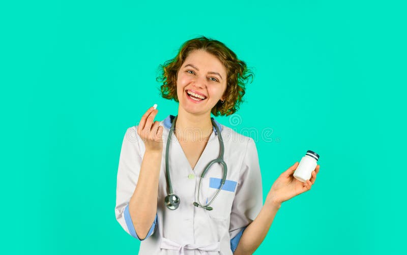 Take vitamins. Pharmacy industry. Woman hold plastic bottle container drugs. Vitamins for happy life. Doctor prescribing royalty free stock photography