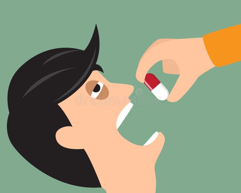 Take your medicine concept. Person puts tablet in mouth. vector