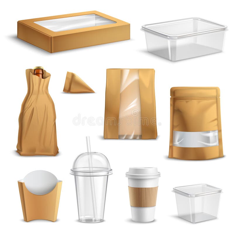 Takeaway do Fastfood que empacota o grupo realístico ilustração royalty free Takeaway do Fastfood que empacota o grupo realístico ilustração royalty free