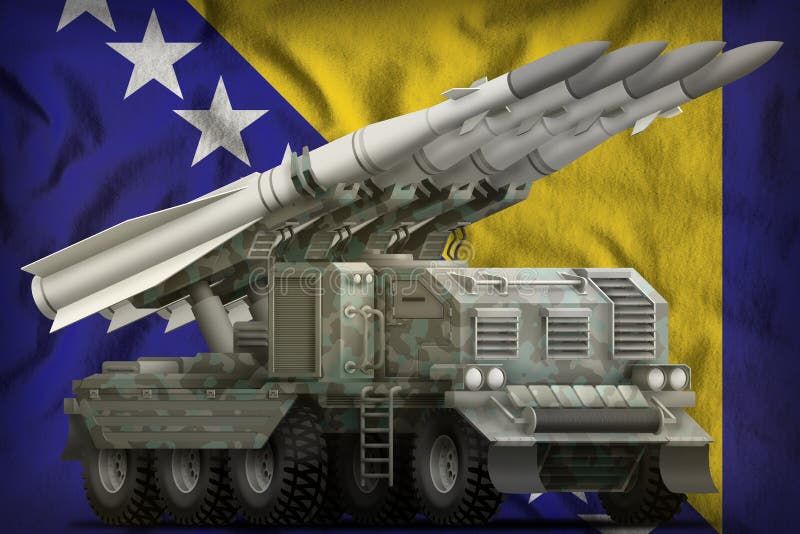 Taktische Kurzstreckenballistische rakete mit arktischer Tarnung auf dem Bosnien und Herzegowina Staatsflaggehintergrund 3d vektor abbildung Taktische Kurzstreckenballistische rakete mit arktischer Tarnung auf dem Bosnien und Herzegowina Staatsflaggehintergrund 3d vektor abbildung