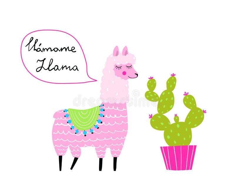 Talande spanjor för rolig djur lama och design för tryck för klotter för kaktushand utdragen royaltyfri illustrationer Talande spanjor för rolig djur lama och design för tryck för klotter för kaktushand utdragen royaltyfri illustrationer