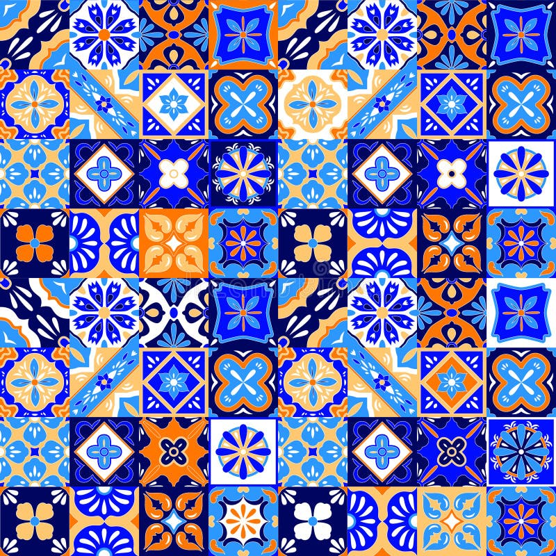 Talavera estilizado mexicano telha o teste padrão sem emenda em alaranjado e branco azuis, vetor