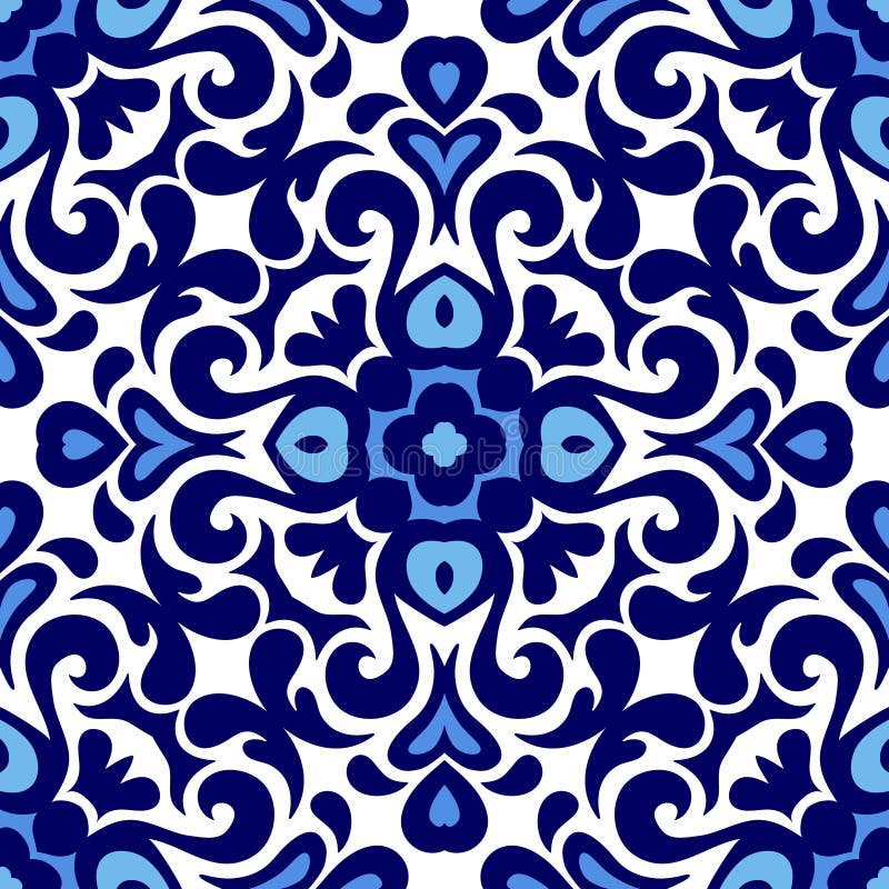 Floral ornament blue and white ceramic tile pattern seamless vector porcelain background design damask style