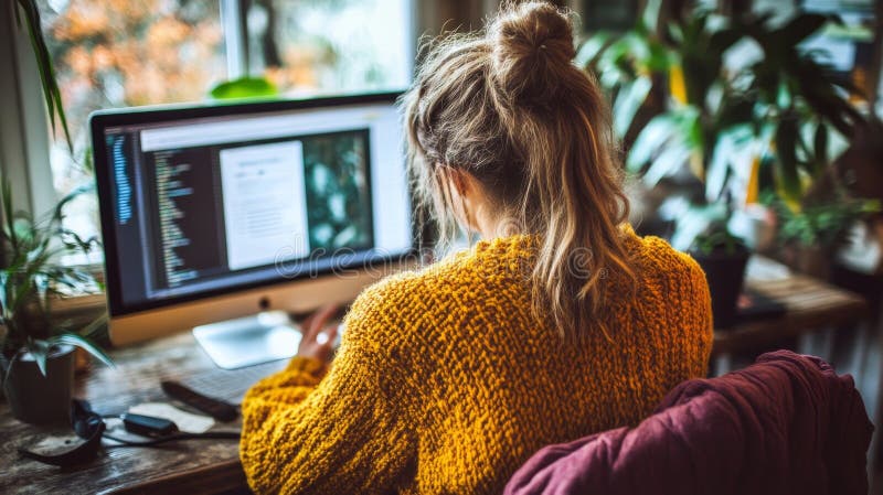 A talented woman programmer working from home, coding software applications on her stylish desktop. stock illustration
