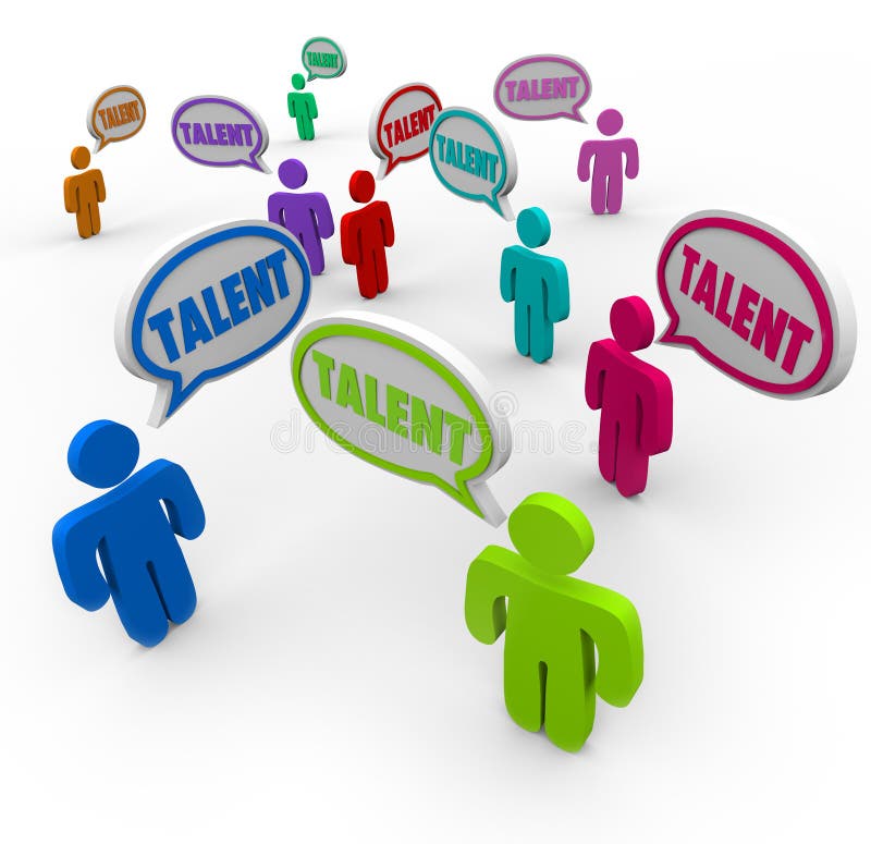 Talent word in speech bubbles over heads of diverse job applicants and skilled workers looking for a job and to be interviewed for an open position at your business or company. Talent word in speech bubbles over heads of diverse job applicants and skilled workers looking for a job and to be interviewed for an open position at your business or company