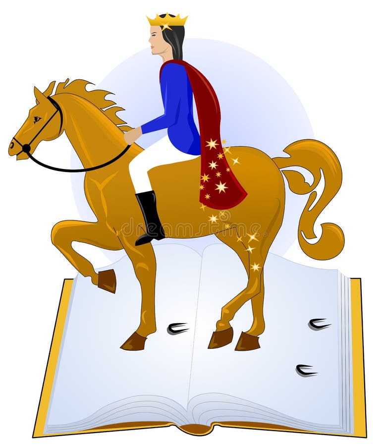 Tales book, prince riding his horse. Fairytales book concept, cartoon character royalty free illustration