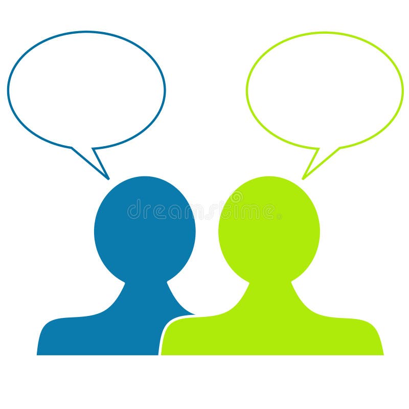 Un'illustrazione con due figure di avere una conversazione con due discorsi vuoti, bolle che si può riempire con il proprio testo in verde e blu.