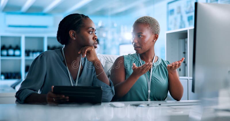 Talking, biotech or black people in lab with tablet, computer or gene editing medical experiment. Data scientist, innovation consultant or teamwork with science report, test or DNA research results. Computer editing stock images, royalty-free photos and pictures
