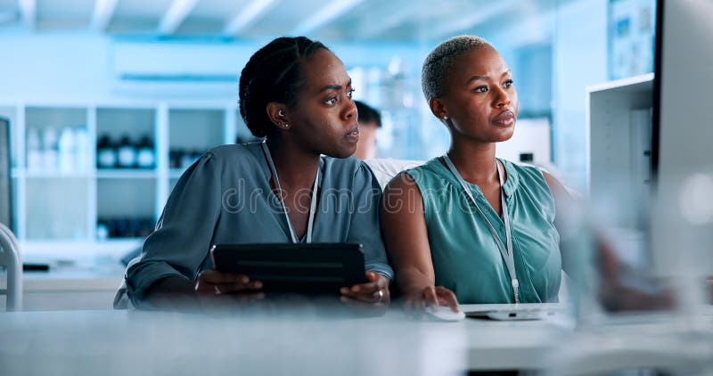 Talking, data scientist or women in lab with computer, tablet update or gene editing in medical experiment. People, innovation consultant or teamwork with science report, test or DNA research results. Computer editing stock images, royalty-free photos and pictures