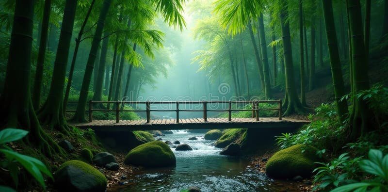 Tall bamboo-stjälkar omger en träbro över en misty regnskogs träbrygga vektor illustrationer