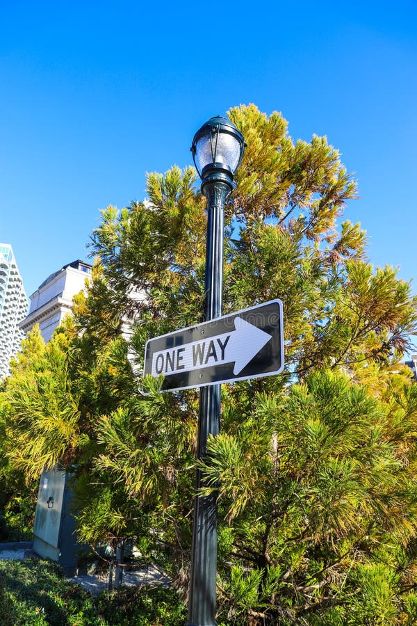 A Tall Black Light Post with a Black and White `One Way` Sign