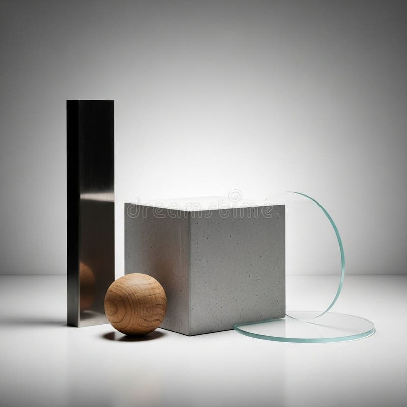 Tall, black rectangular prism, a wooden sphere, a concrete cube, and a vector illustration