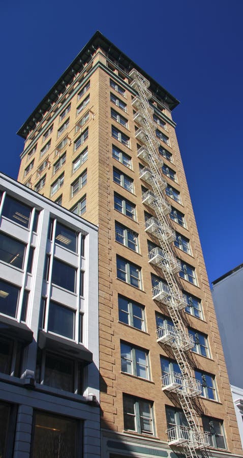 Tall building with external fire escape staircase