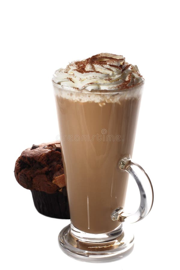 Tall cup of fresh coffee latte and muffin isolated royalty free stock image