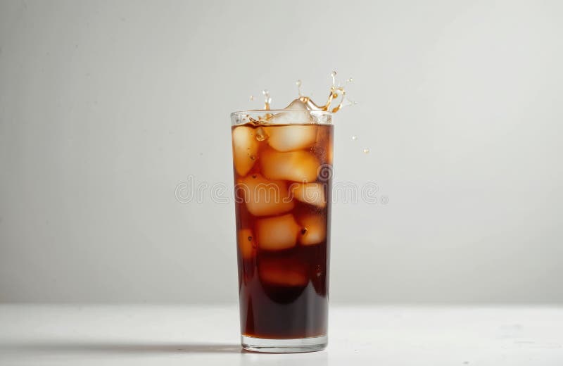 Tall glass cold brew coffee with visible ice cubes. Iced coffee splash from falling ice on white background. Refreshing caffeine royalty free stock image