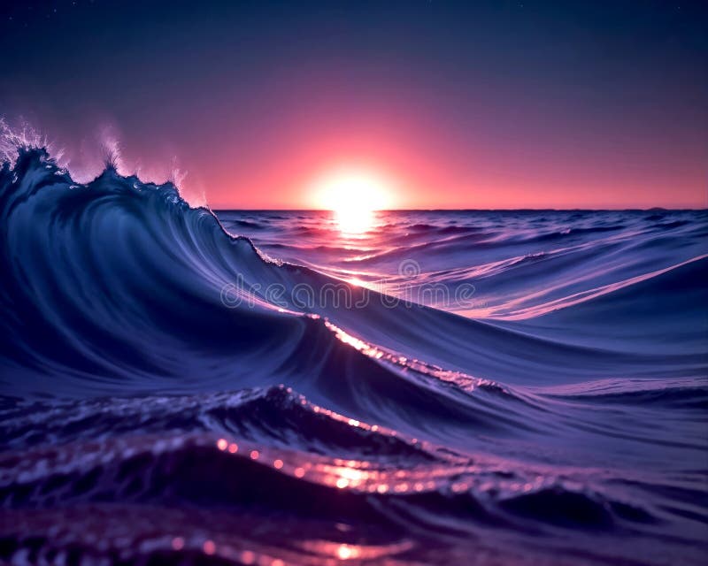 a tall ocean wave illuminated by the light of dawn, which casts pink-purple hues on the water surface. a tall ocean wave illuminated by the light of dawn, which casts pink-purple hues on the water surface