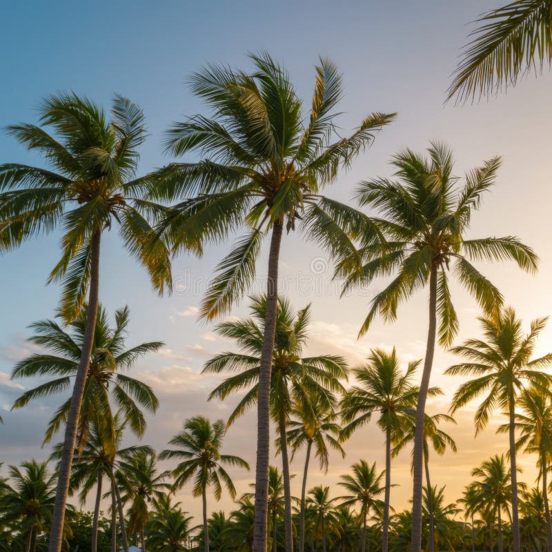 Tall Palm Trees på Sunset på Tropical Beach vektor illustrationer