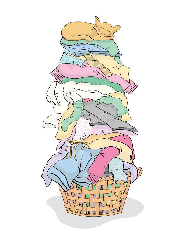 Tall Pile of Clean Clothes in Laundry Basket with Cat - vector grouped and ...