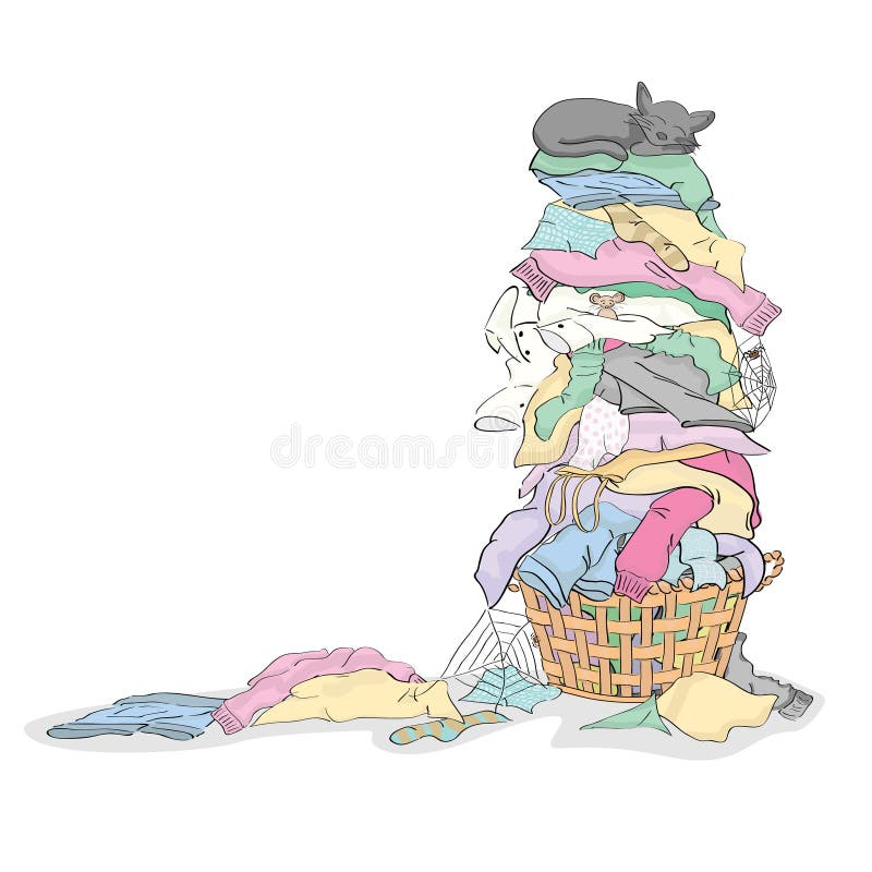 Tall Pile of Dirty Laundry in Basket with Cat and Critters