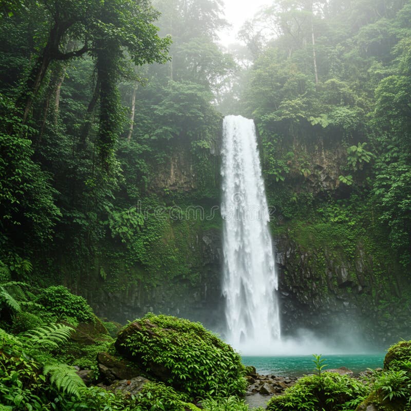 A tall, powerful waterfall cascades down a lush, green cliff into a tranquil pool. stock illustration