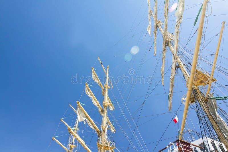 THE TALL SHIPS RACES KOTKA 2017. Kotka, Finland 16.07.2017. Masts of ship Mir in the sunlight in the port of Kotka, Finland.