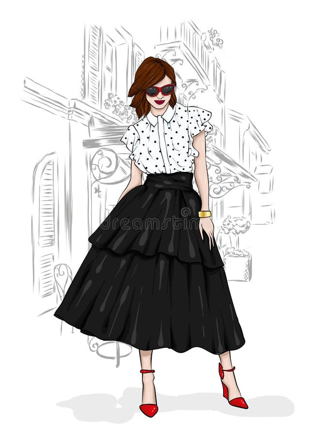 A tall, slender girl in a midi skirt, a blouse, high-heeled shoes and a clutch. Vector illustration. Clothing and accessories.