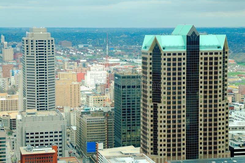 A view of tall buildings in the skyline of downtown St. Louis as seen from the top of the famous Gateway Arch. A view of tall buildings in the skyline of downtown St. Louis as seen from the top of the famous Gateway Arch.