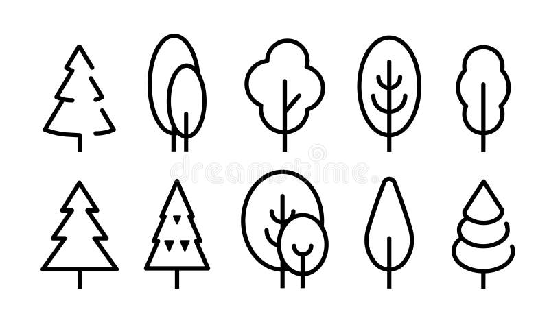 Tall Tree vector icons set. Simple flat line style icon design. Nature logo template. Outline drawing trees, isolated vector illustration